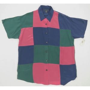 NWT Vintage 100% Silk Color Block Loop Collar Short Sleeve Button Shirt M
